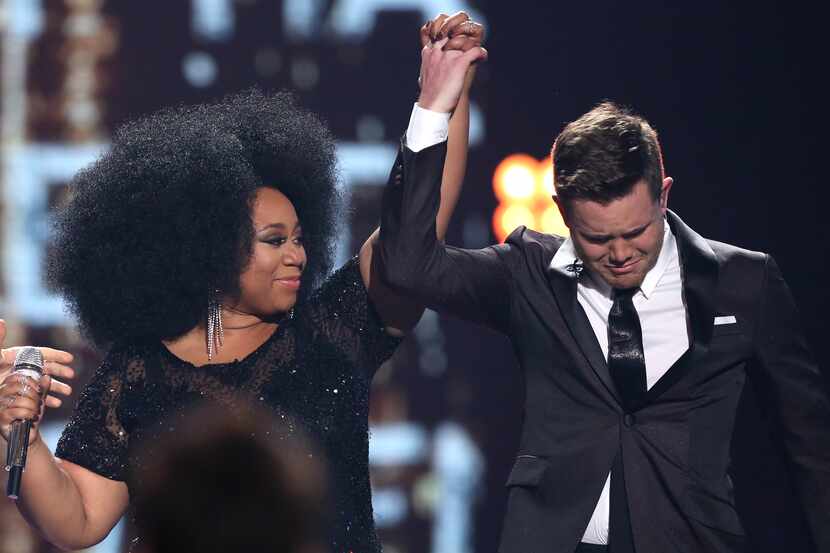 LaPorsha Renae, left, and Trent Harmon appear onstage at the "American Idol" farewell...