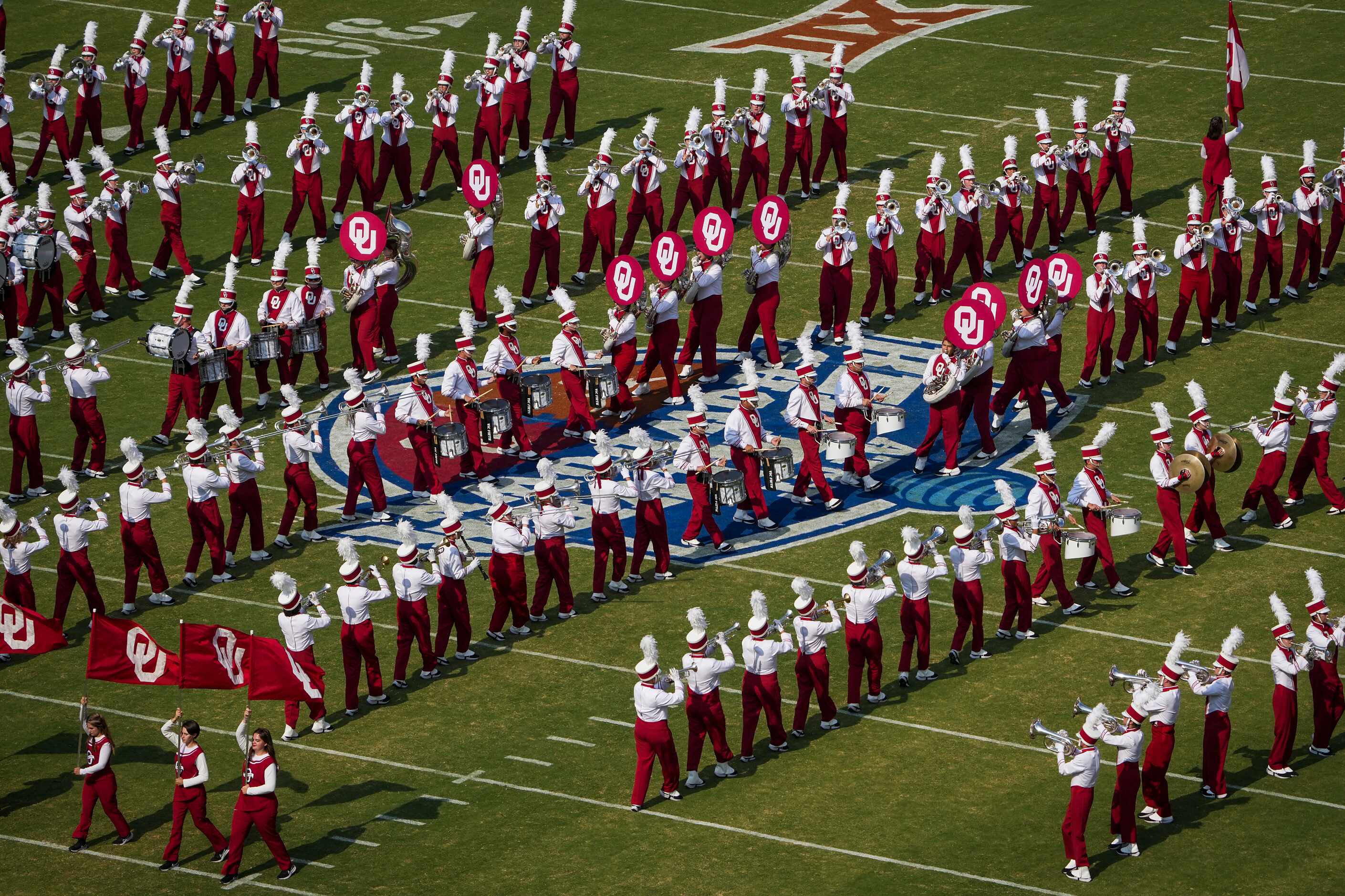 The Oklahoma band performs before the annual Red River Showdown football game between Texas...