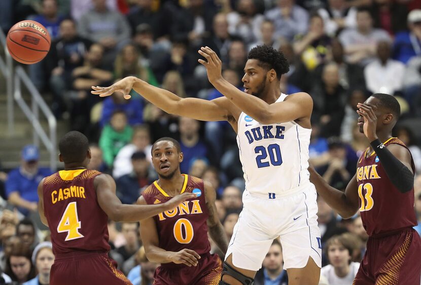 PITTSBURGH, PA - MARCH 15:  Marques Bolden #20 of the Duke Blue Devils passes the ball...