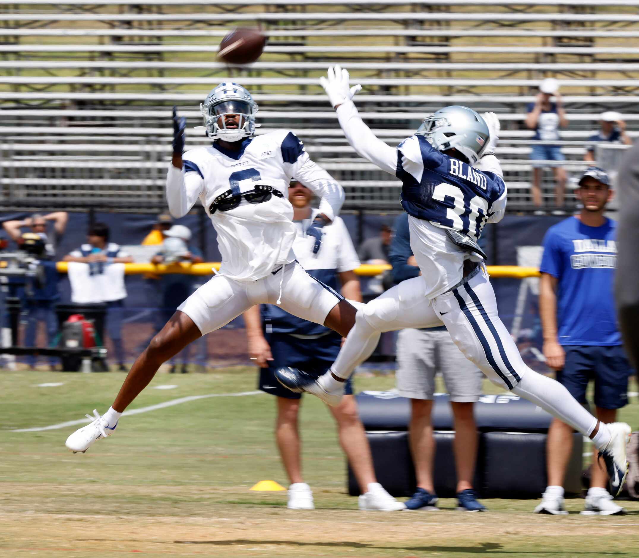 Dallas Cowboys wide receiver Jaquarii Roberson pulls down a one-handed pass as he’s covered...