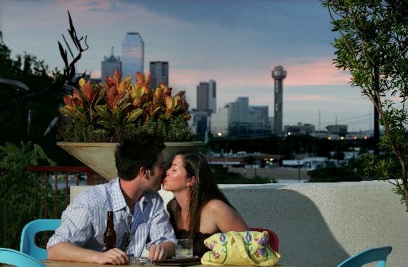 Here's the gorgeous view from BarBelmont's patio of the Dallas skyline. Kissing not...