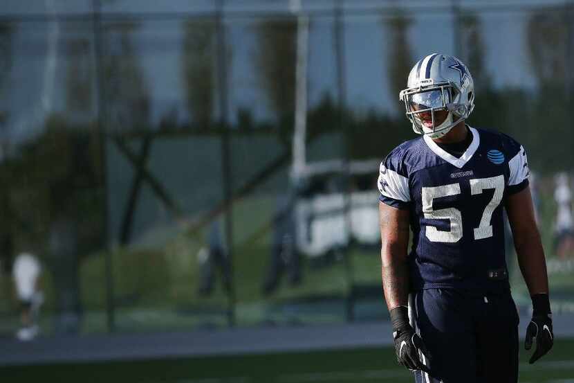 Former Dallas Cowboys linebacker Damien Wilson is shown at a team practice at The Star in...