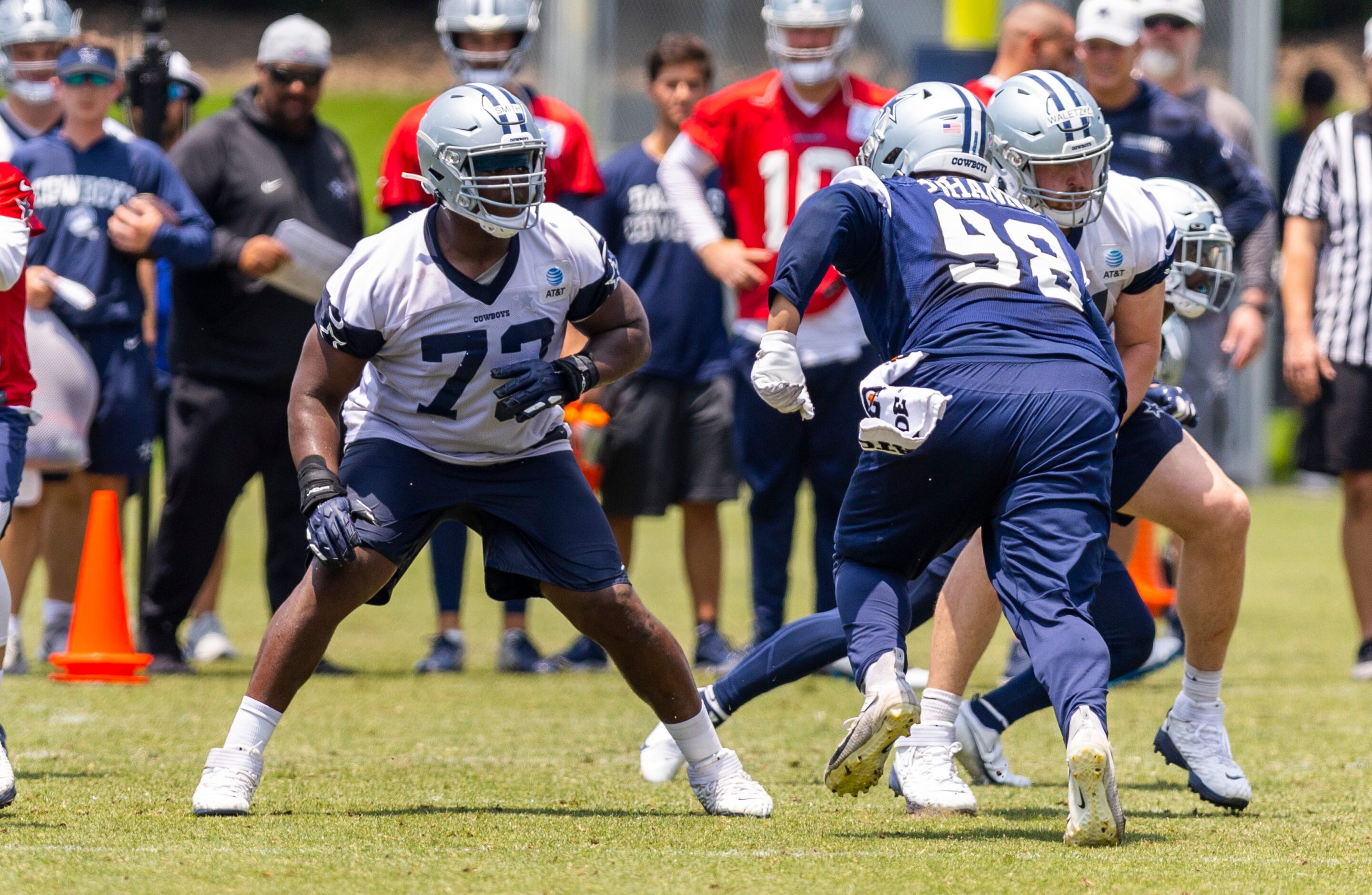 Dallas Cowboys tackle Tyler Smith (73) blocks defensive tackle Quinton Bohanna (98) during...