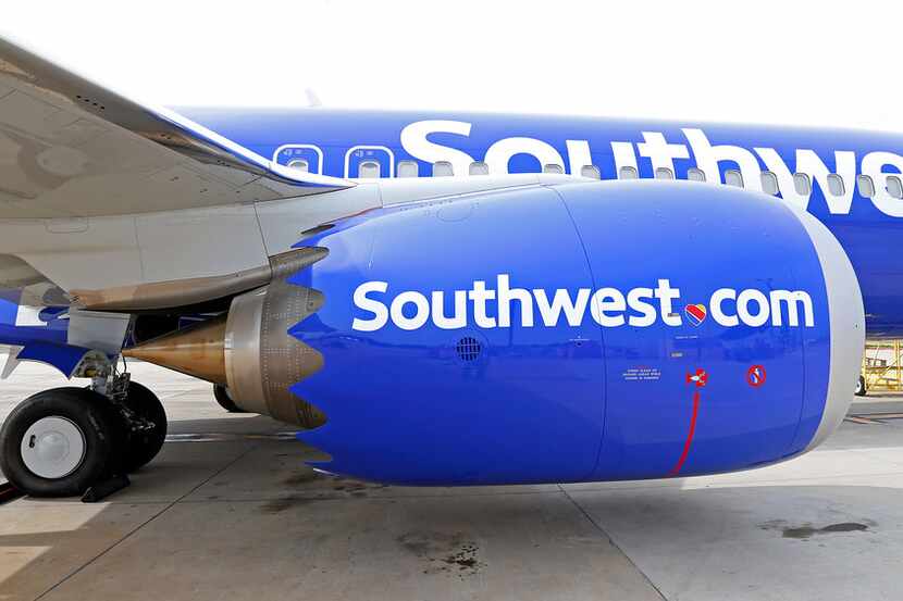 An engine of a Southwest Airlines' new plane, the 737 Max, at headquarters in Dallas,...