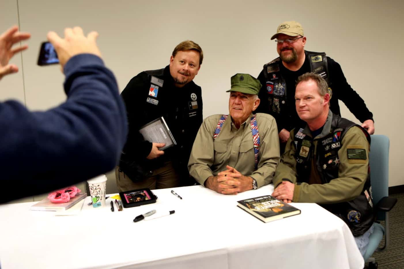 David Pruitt, left, of Little Elm, R. Lee Ermey, second from left, Guy Thomas of Denton, and...