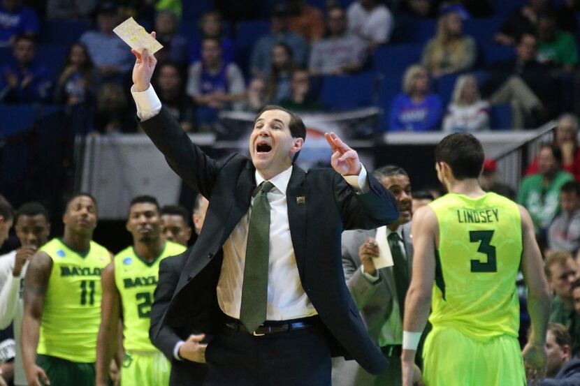 Baylor coach Scott Drew directs his troops during the Baylor Bears vs. the New Mexico State...