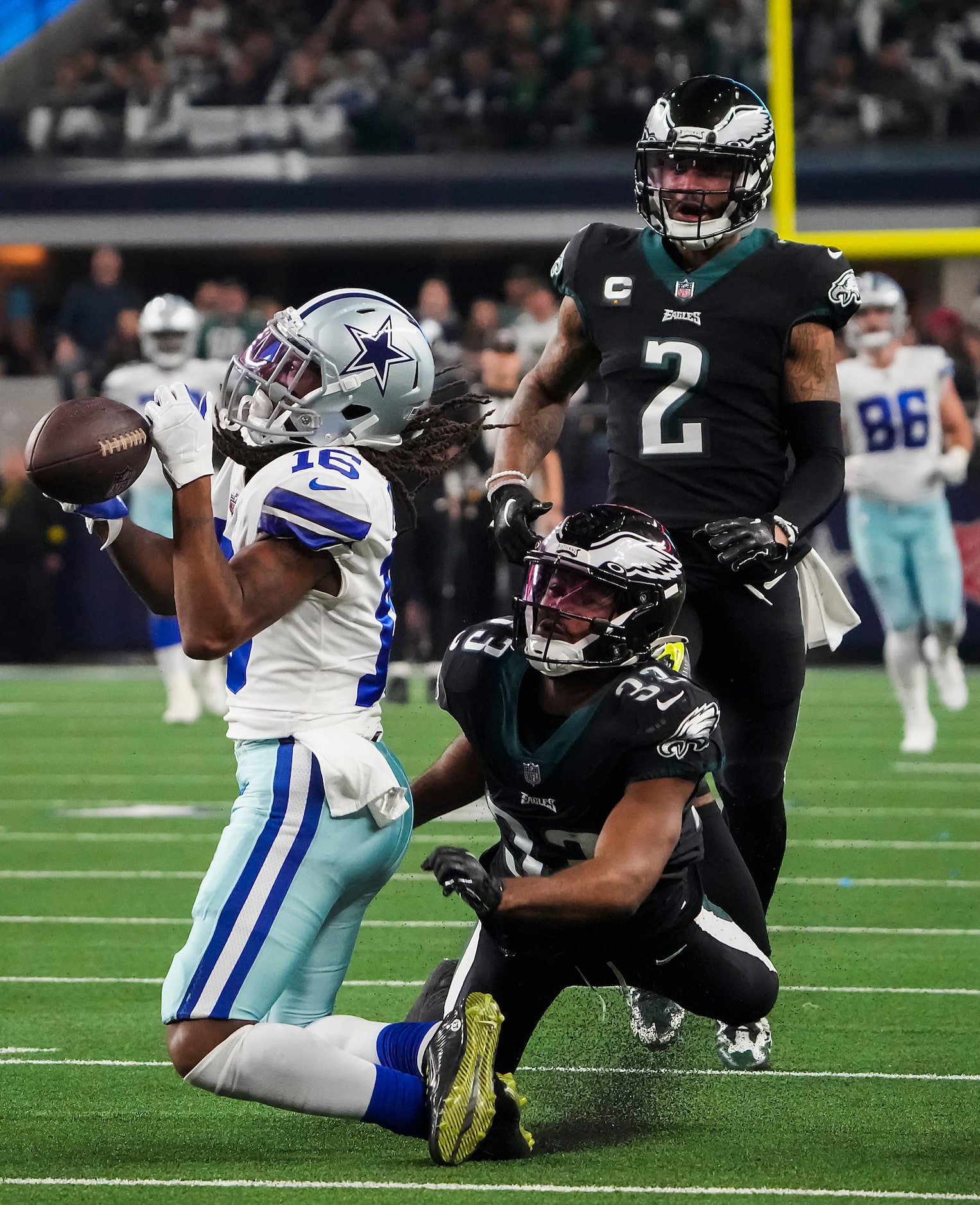 Dallas Cowboys wide receiver T.Y. Hilton (16) hauls in a 52-yard pass as Philadelphia Eagles...