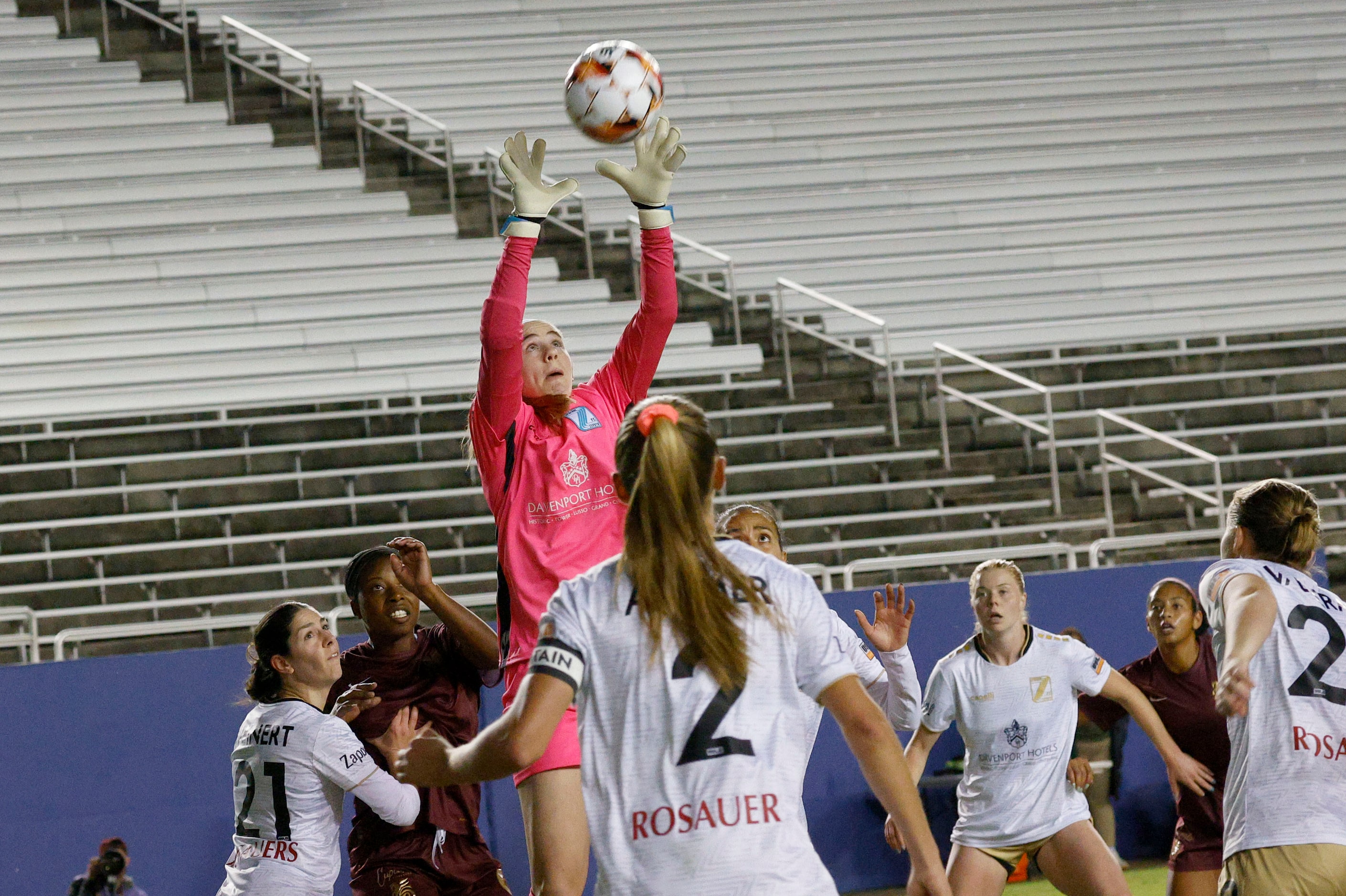 Spokane Zephyr goalkeeper Hope Hisey (0) makes a save during the second half of a soccer...