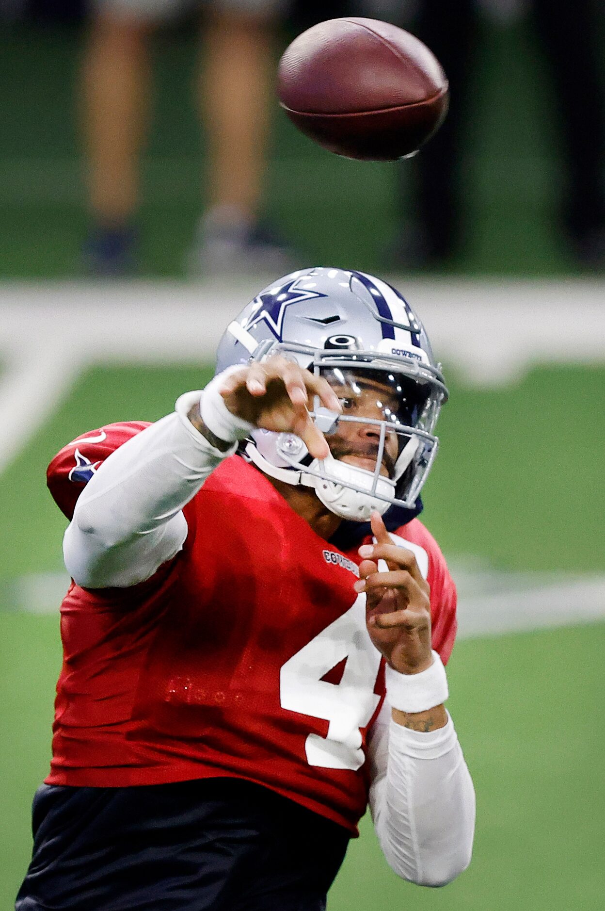 Dallas Cowboys quarterback Dak Prescott (4) throws a pass during Training Camp practice at...