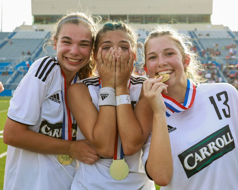 Southlake Carroll’s Parker Wilkerson (left), Madison Khan (center) and Stephanie Smith (13)...