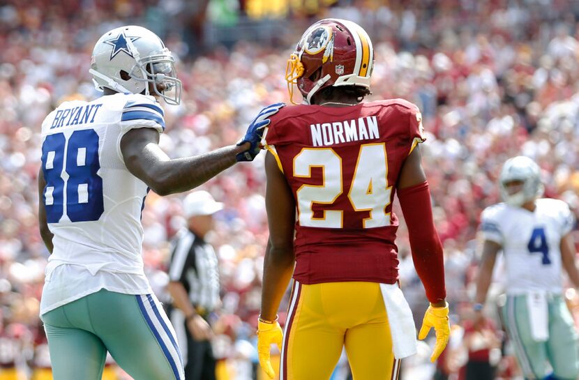 Dallas Cowboys wide receiver Dez Bryant (88) and Washington Redskins cornerback Josh Norman...