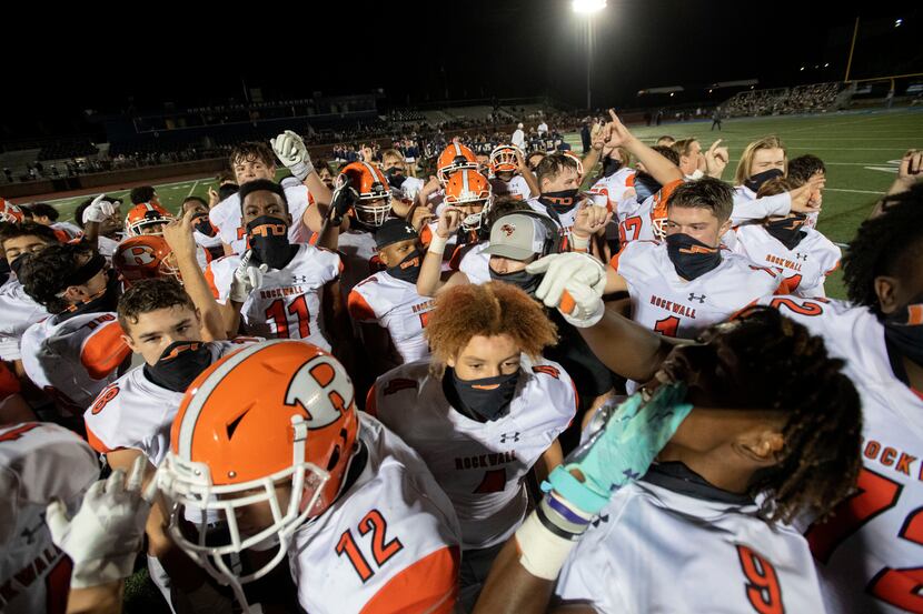 Rockwall players celebrate their 60-38 win over Jesuit in a high school football game on...