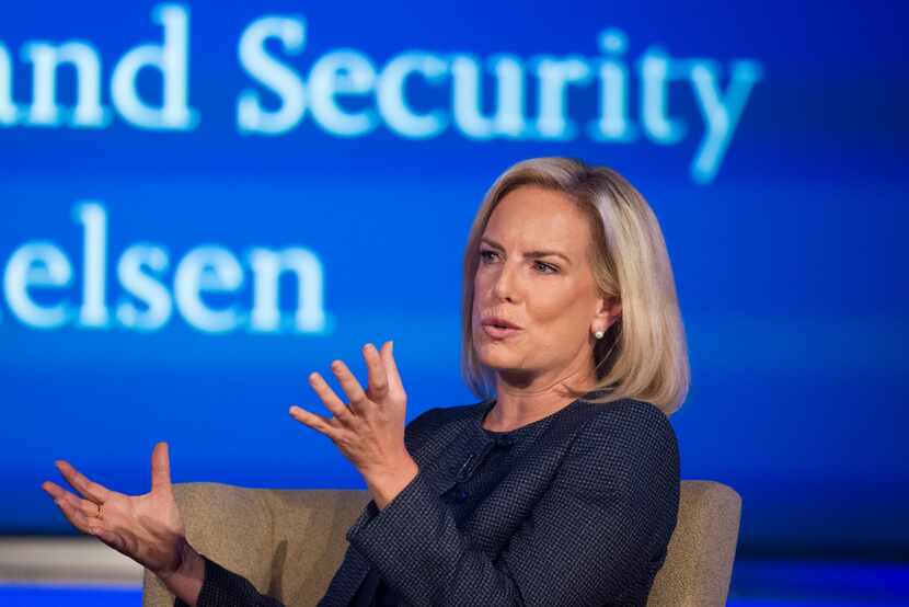 Secretary of Homeland Security Kirstjen Nielsen speaks to George Washington University's...