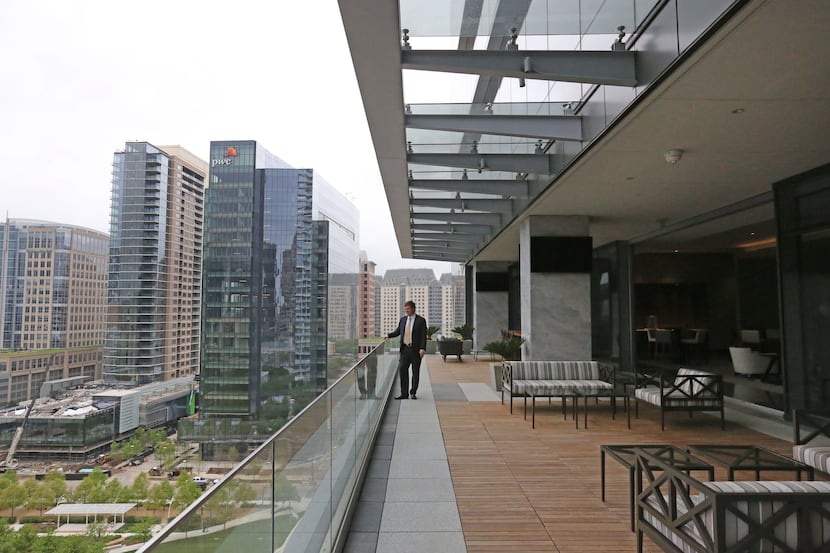 A balcony area of the 1900 Pearl Tower, the newest

downtown Dallas office building, affords...