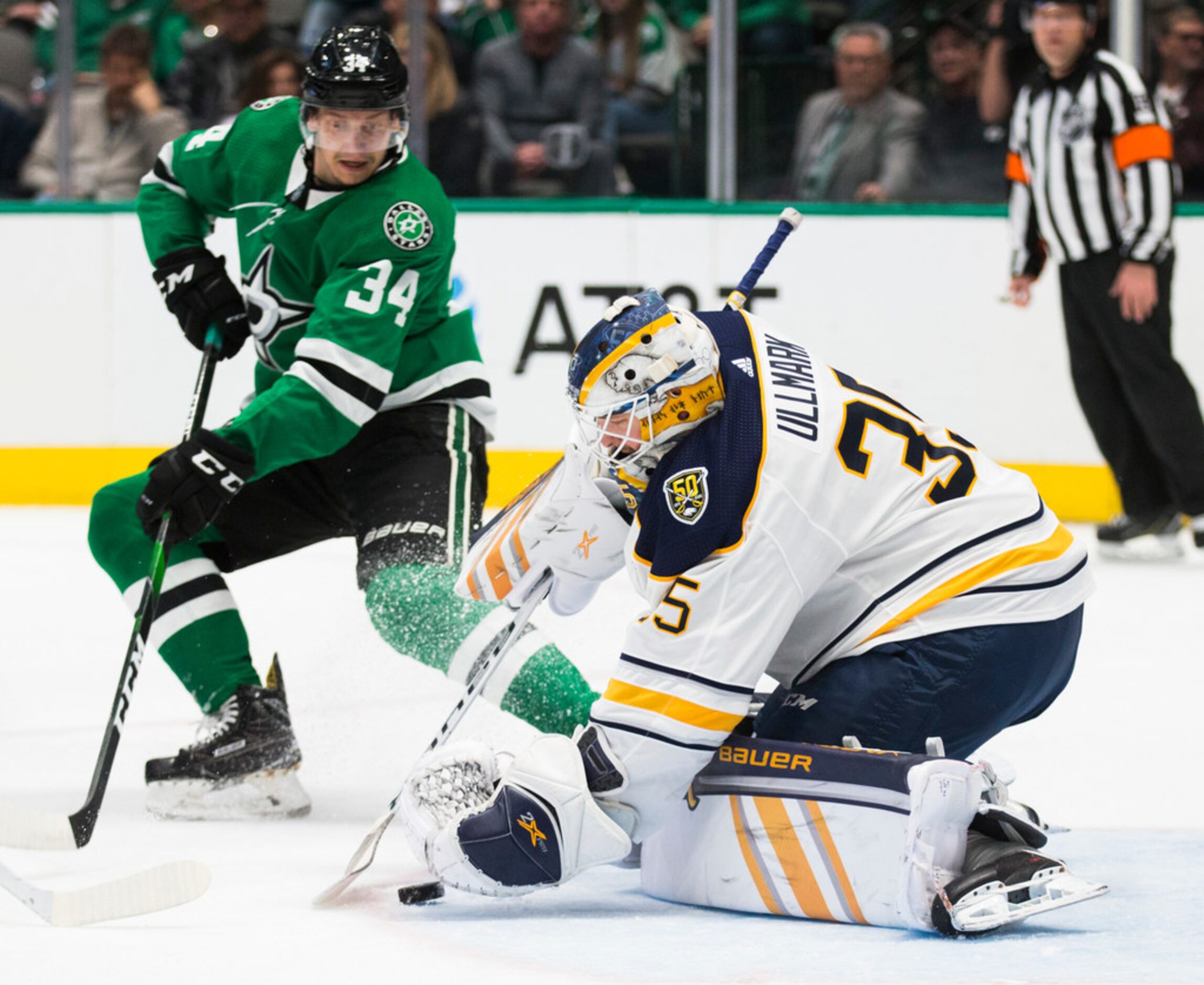 Dallas Stars right wing Denis Gurianov (34) has his shot at the goal blocked by Buffalo...