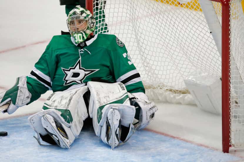 Dallas Stars goaltender Ben Bishop (30) is pictured after giving up the eventual...