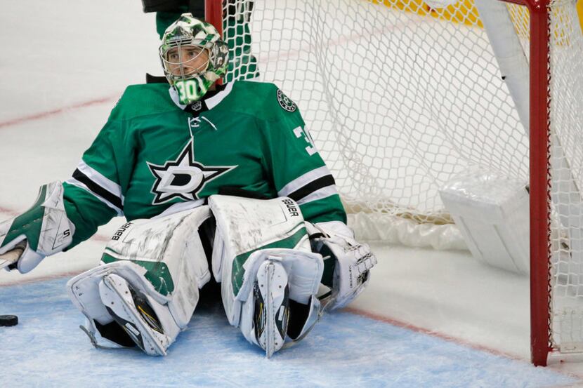Dallas Stars goaltender Ben Bishop (30) is pictured after giving up the eventual...