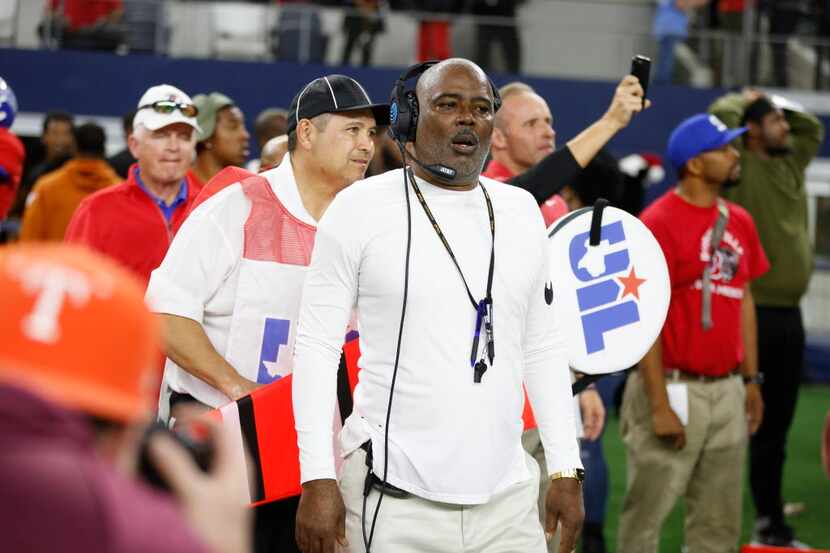 Duncanville's coach Reginald Samples reacts after losing against Galena Park North Shore in...