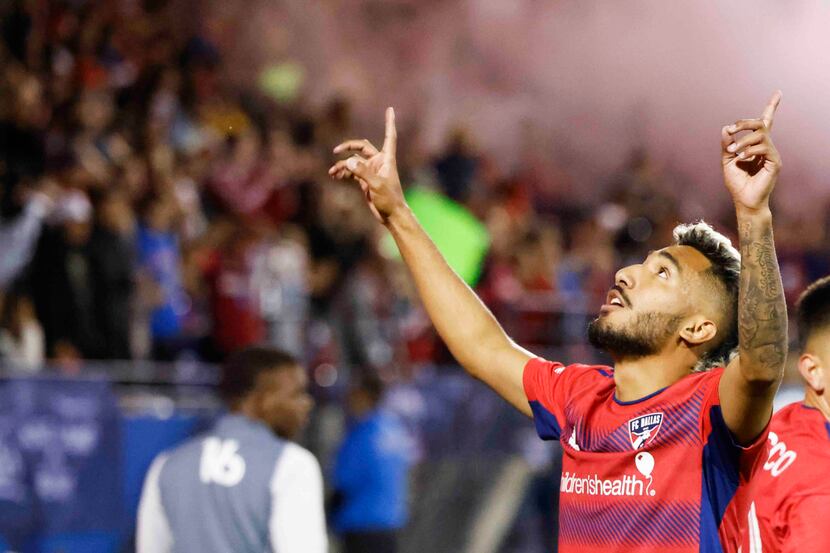 FC Dallas forward Jesús Ferreira celebrates a goal as he leads his team during the second...