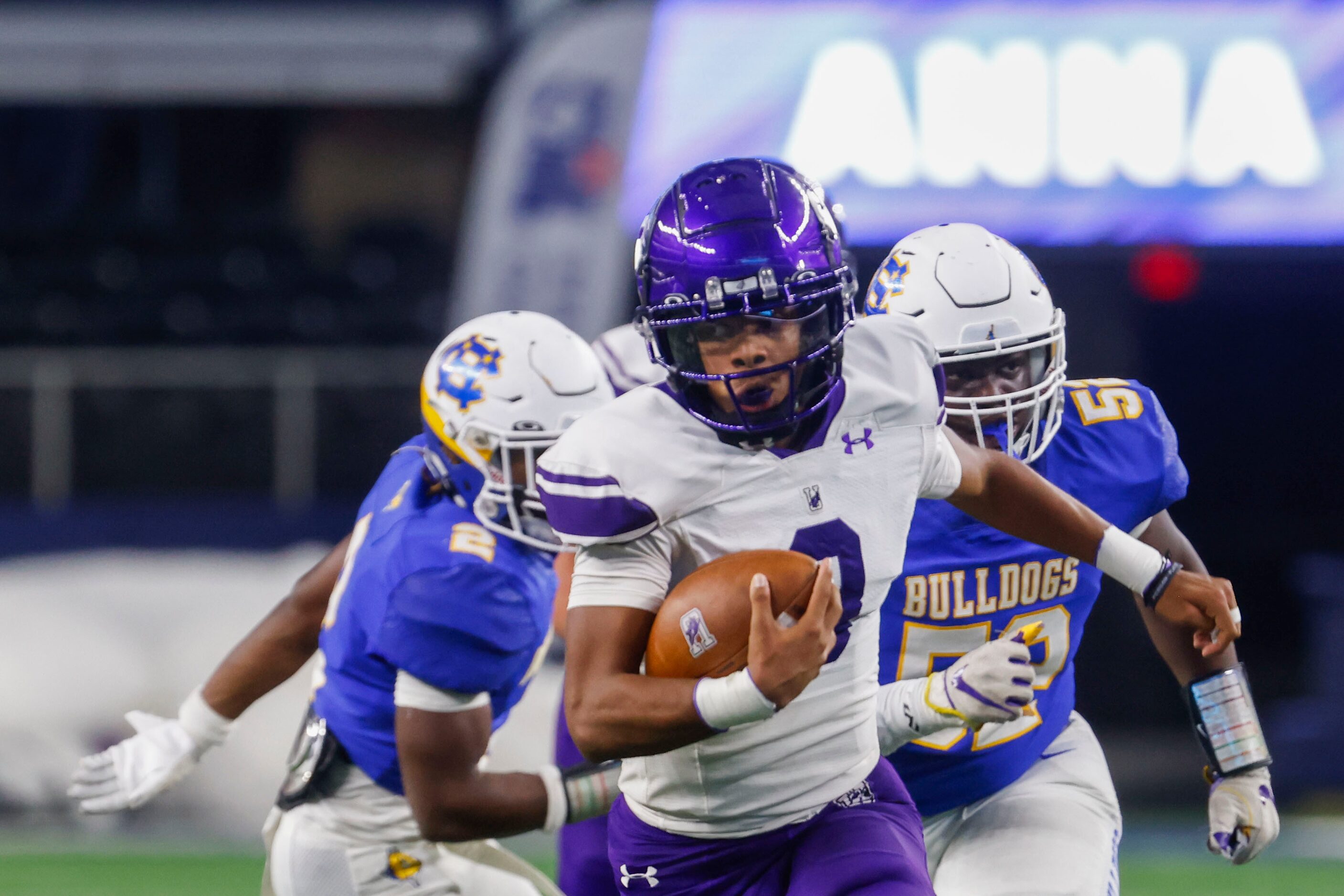 Anna High’s Ziondre Williams runs for yardage against Tyler Chapel Hill during the first...