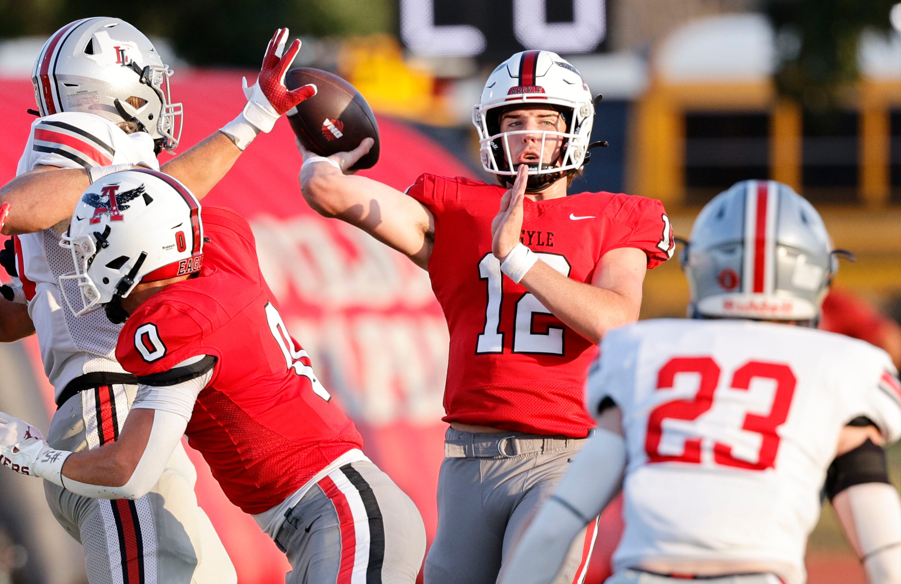 Argyle's quarterback John Gailey (12) throw the ball against Lovejoy during the first half...