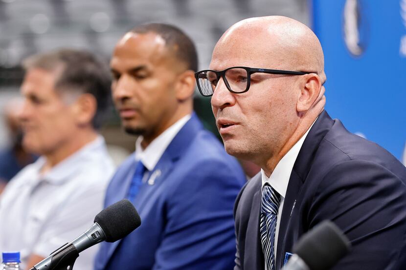 Dallas Mavericks new head coach Jason Kidd responds to questions from the media during his...