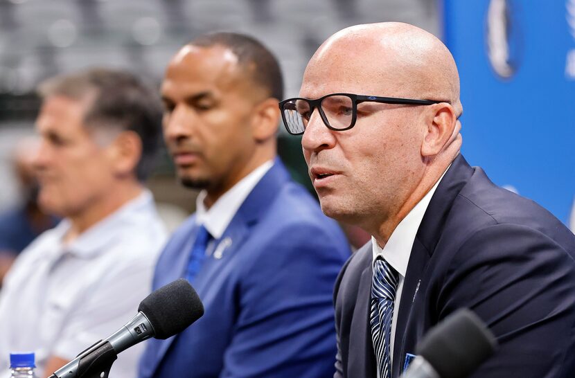 Dallas Mavericks new head coach Jason Kidd responds to questions from the media during his...