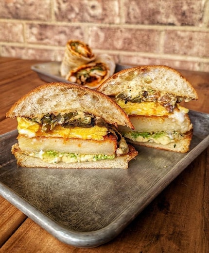 La Casita Bakeshop's crispy potato breakfast sandwich