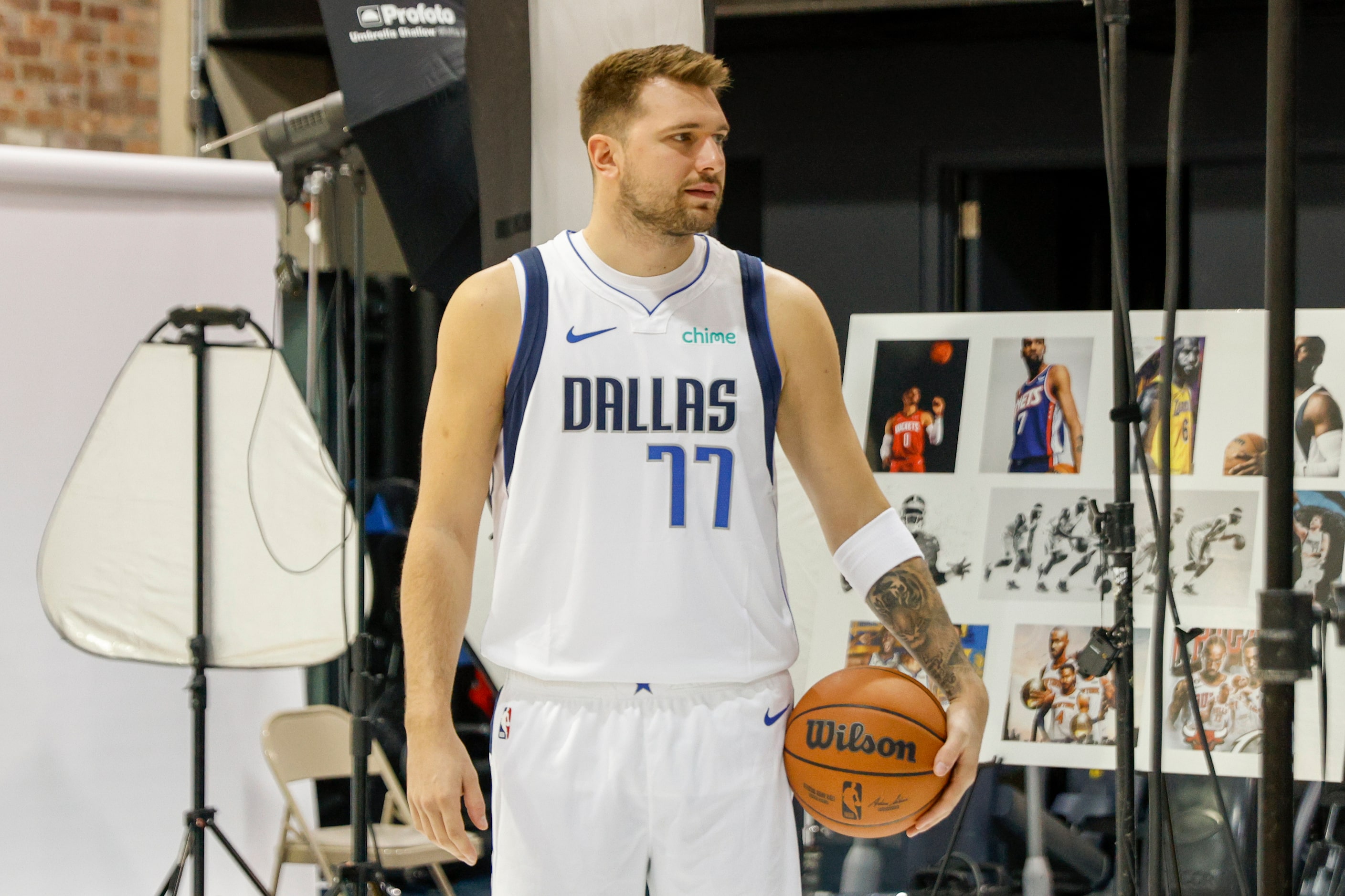 Dallas Mavericks guard Luka Doncic (77) poses for a portrait during media day at American...