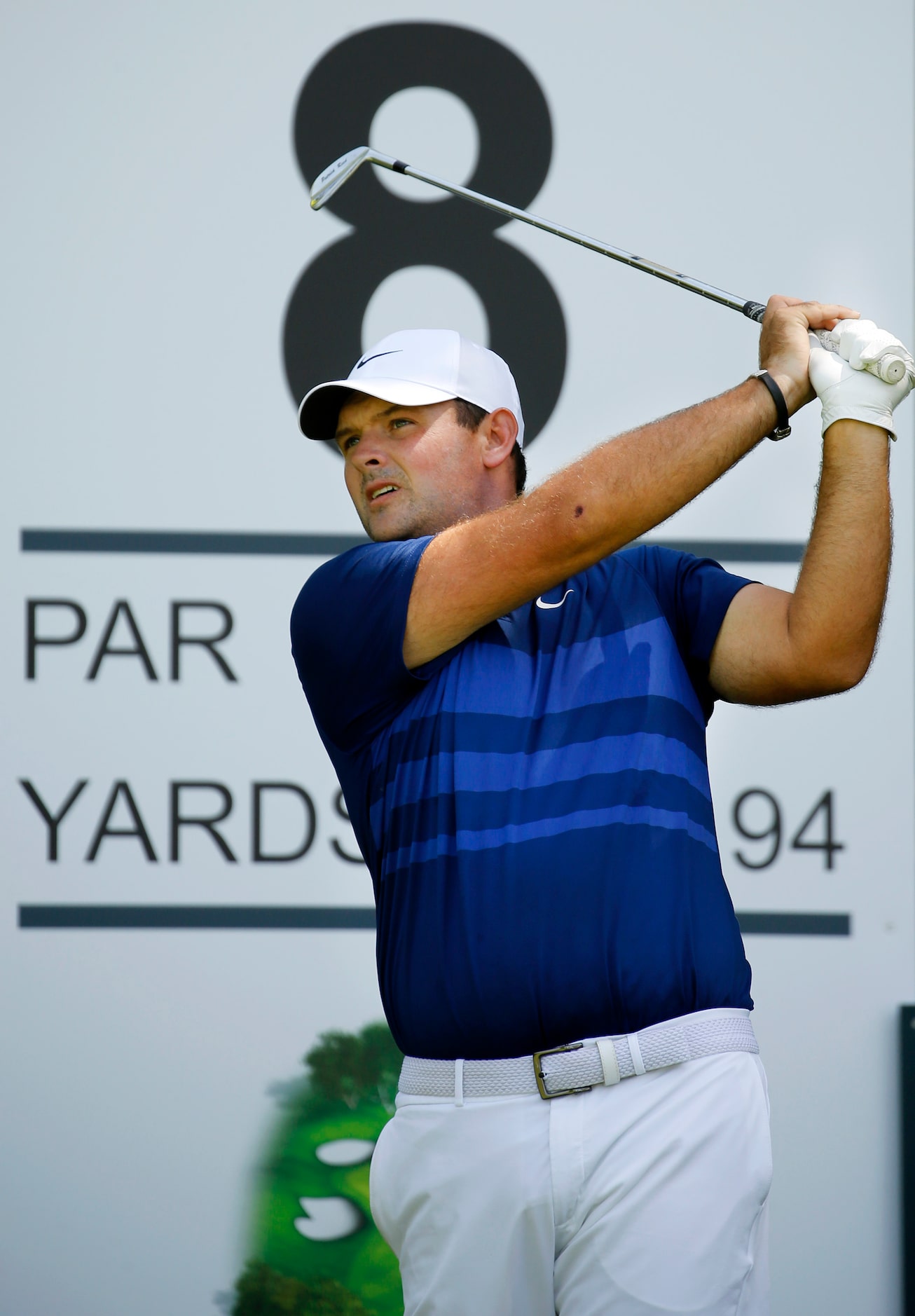 PGA golfer Patrick Reed tees off on the par-3, No. 8 during the Charles Schwab Challenge...