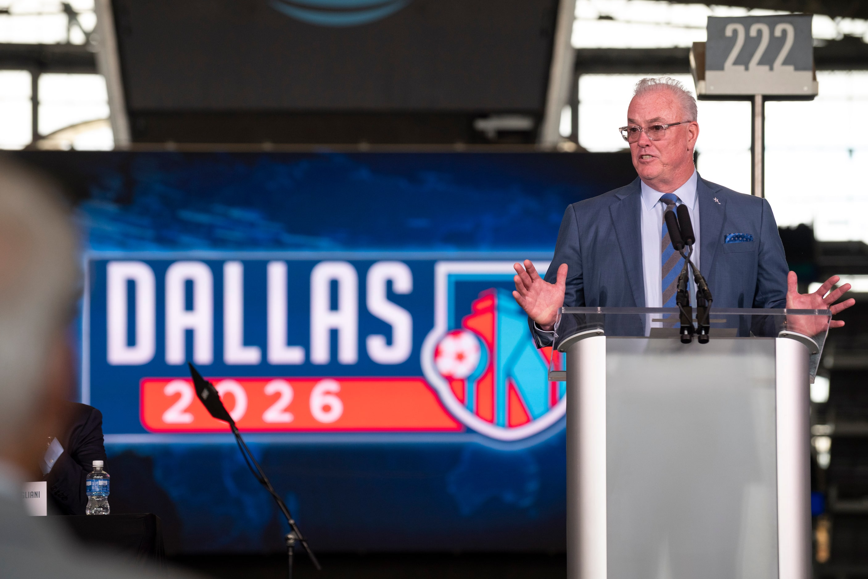 Dallas Cowboys Executive Vice President Stephen Jones, speaks during a press conference...