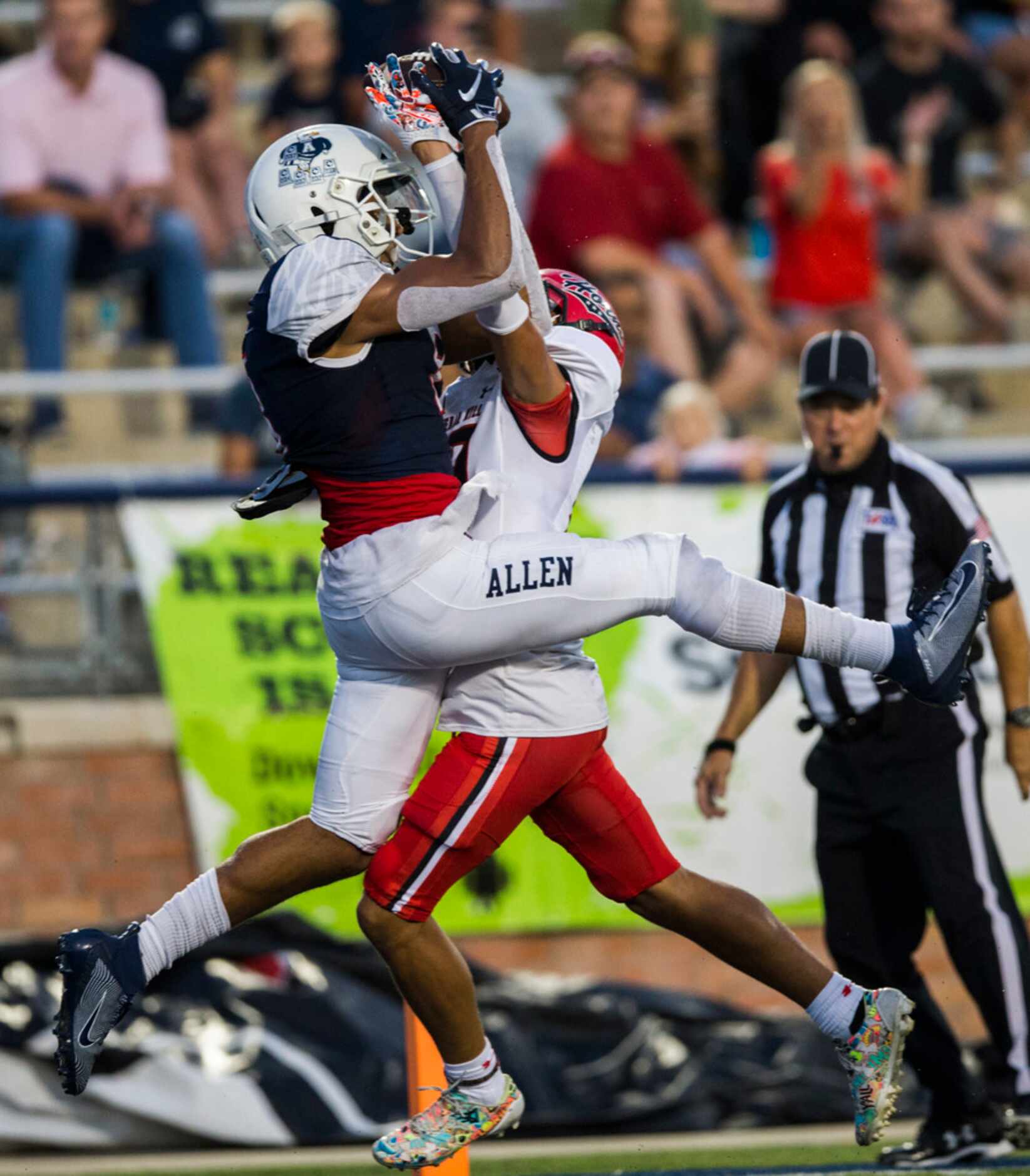 Cedar Hill cornerback Jalon Peoples (19) intercepts a pass intended for Allen wide receiver...