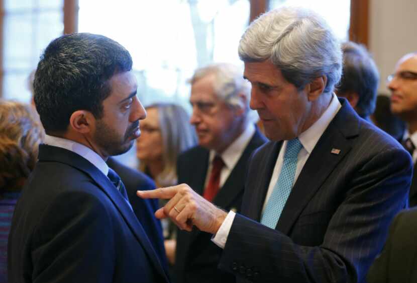 U.S. Secretary of State John Kerry speaks with United Arab Emirates Foreign Minister...