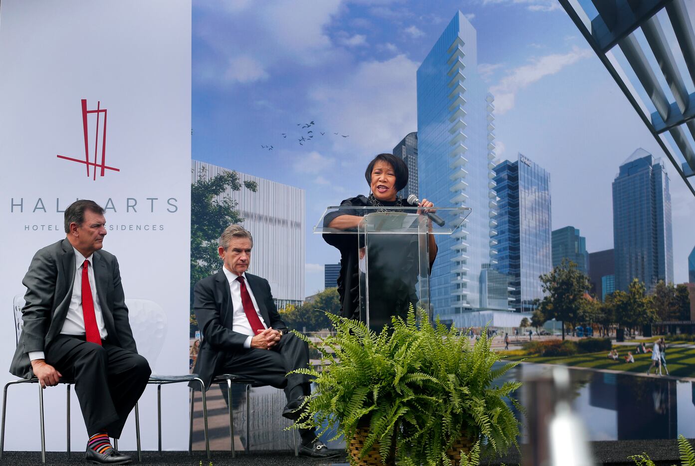 Dallas Arts District executive director Lily Weiss speaks during the groundbreaking ceremony...
