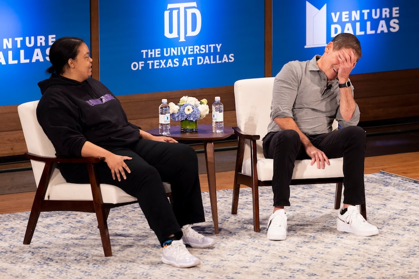 Owner of the Dallas Mavericks and billionaire Mark Cuban (right) speaks to moderator Arlan...