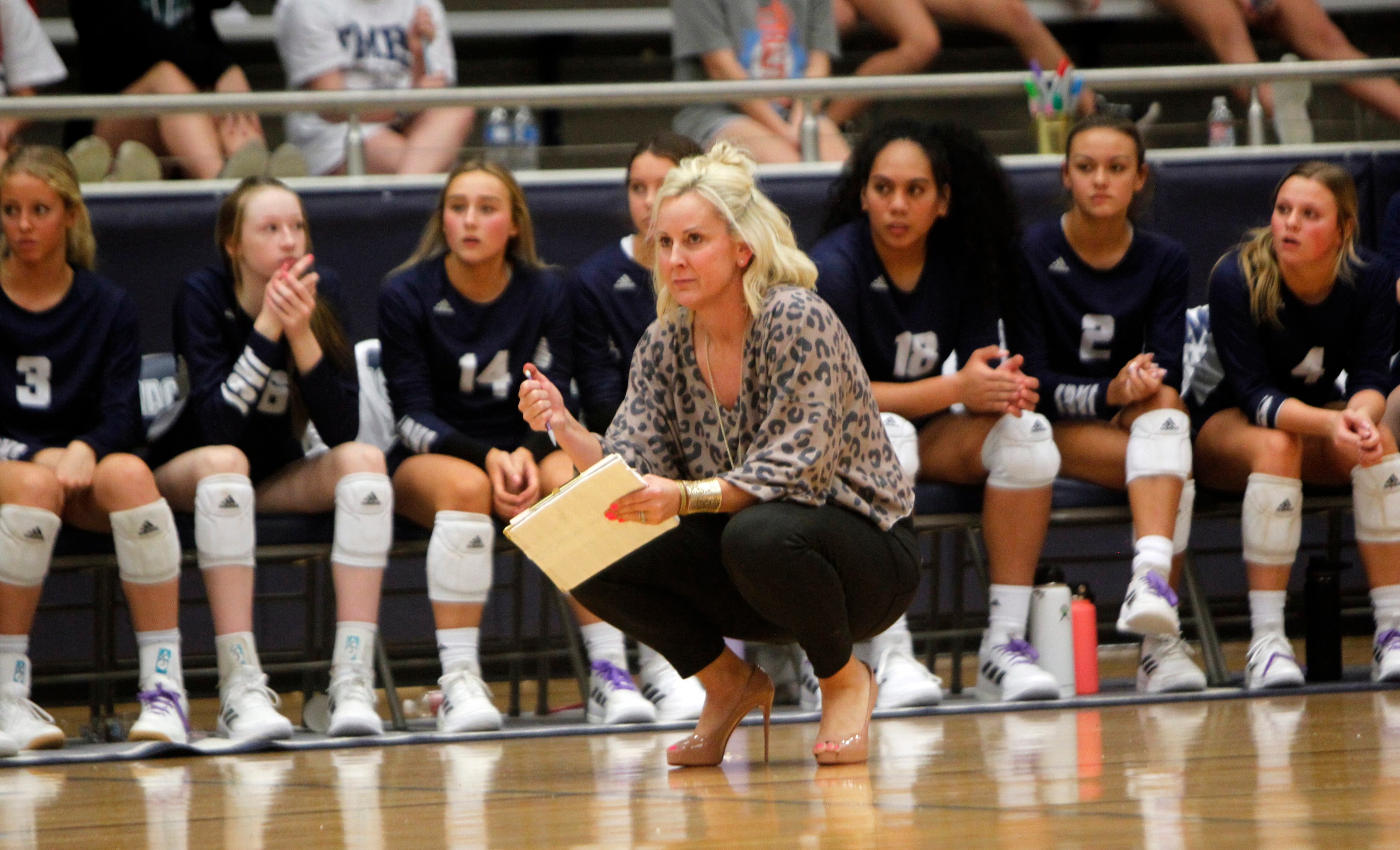 Flower Mound head coach Jamie Siegel reacts, as do Jaguars players,  after a missed...