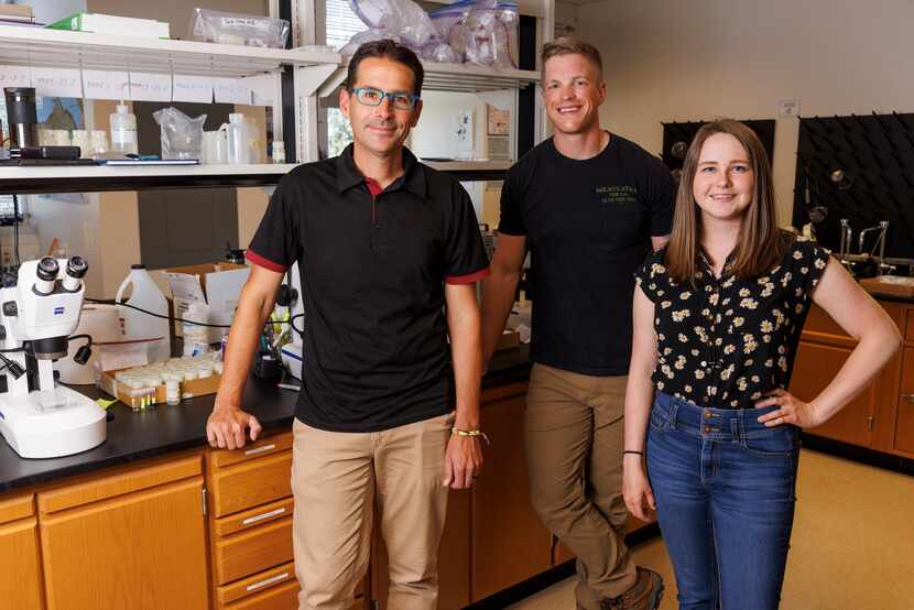 Biology professor Matt Chumchal (left), Ph.D student Ben Strang (center) and master’s...