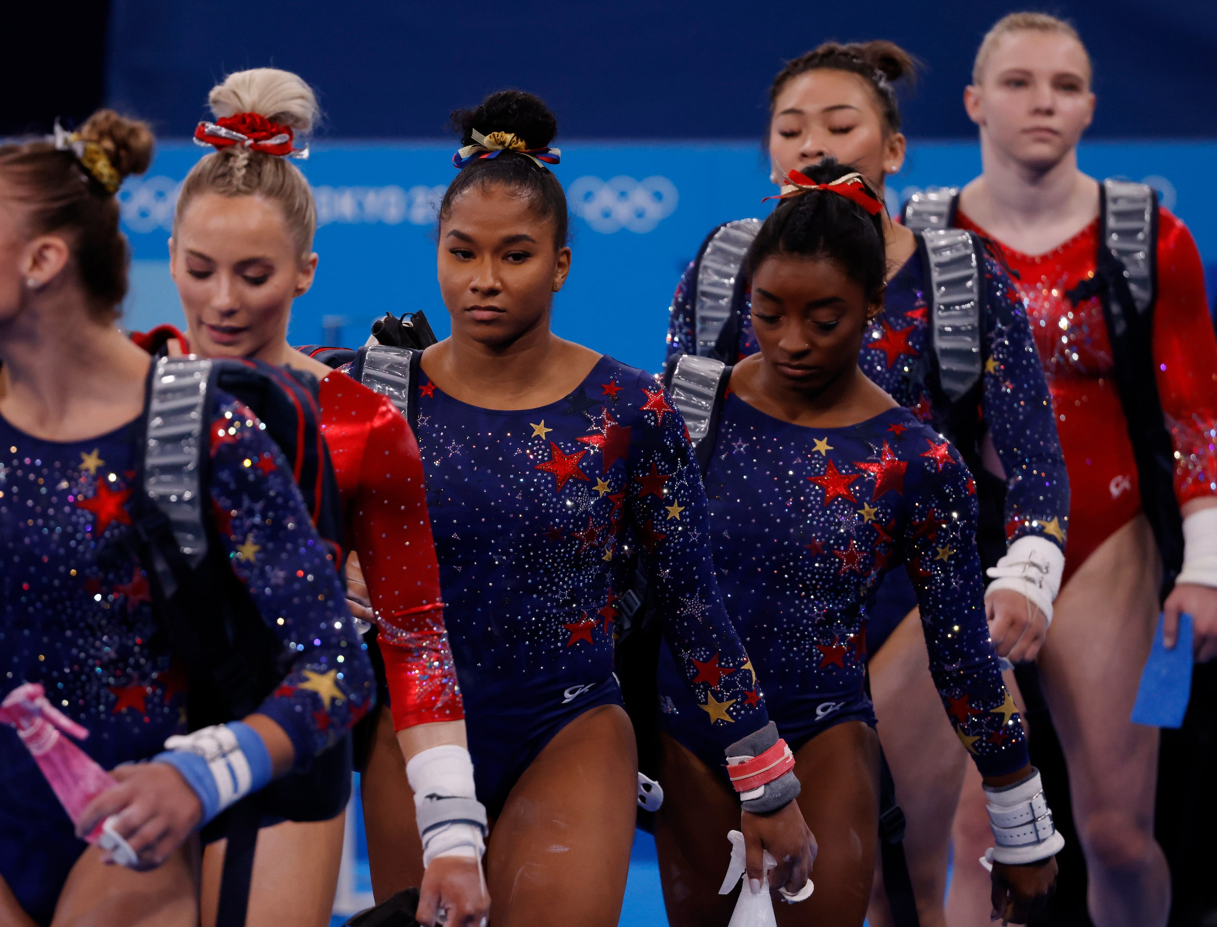 USA’s MyKayla Skinner, Jordan Chiles, Simone Biles, Sunisa Lee, and Jade Carey of the...