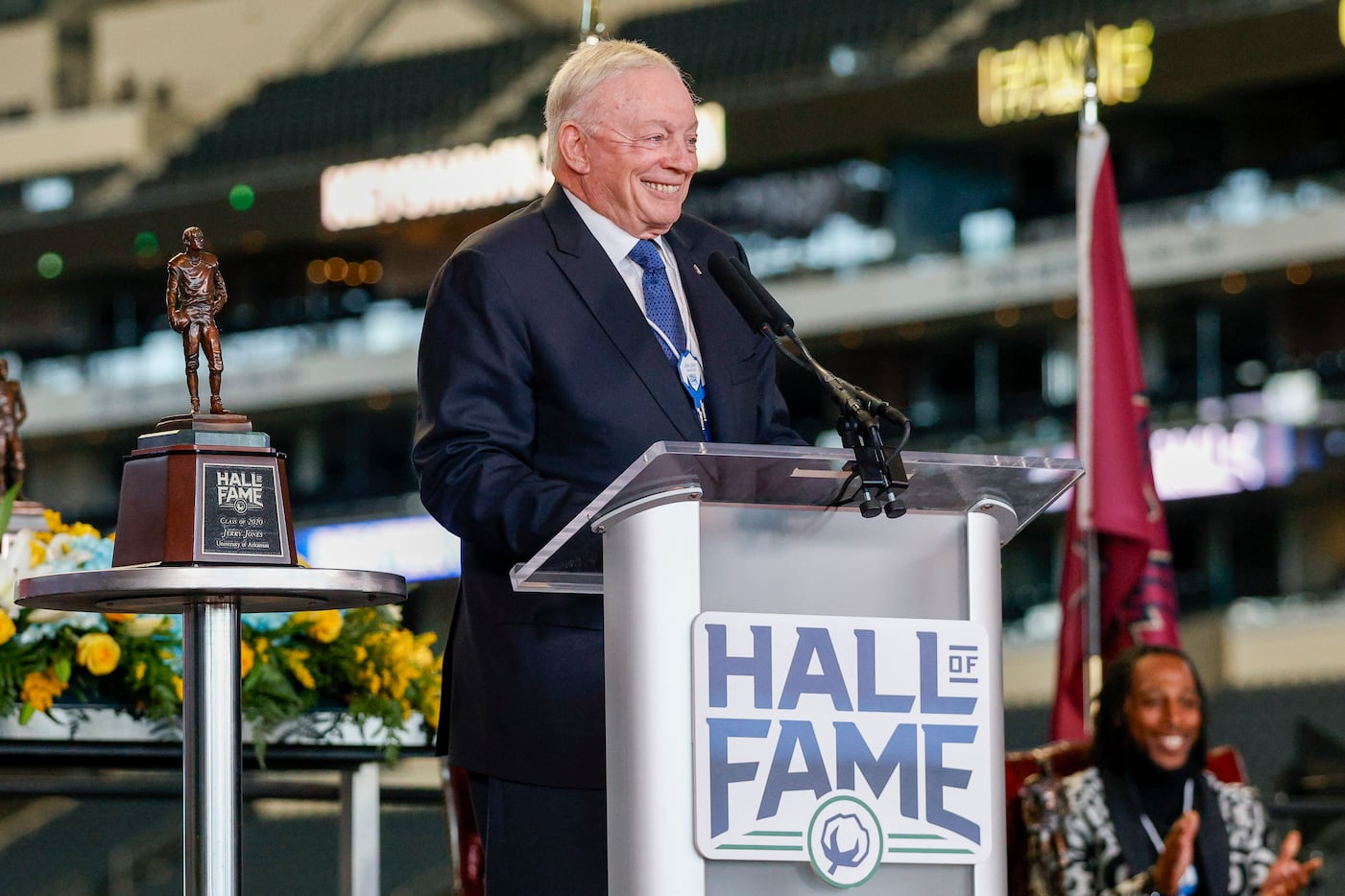 Dallas Cowboys owner Jerry Jones smiles as he gives remarks during the Cotton Bowl Hall of...