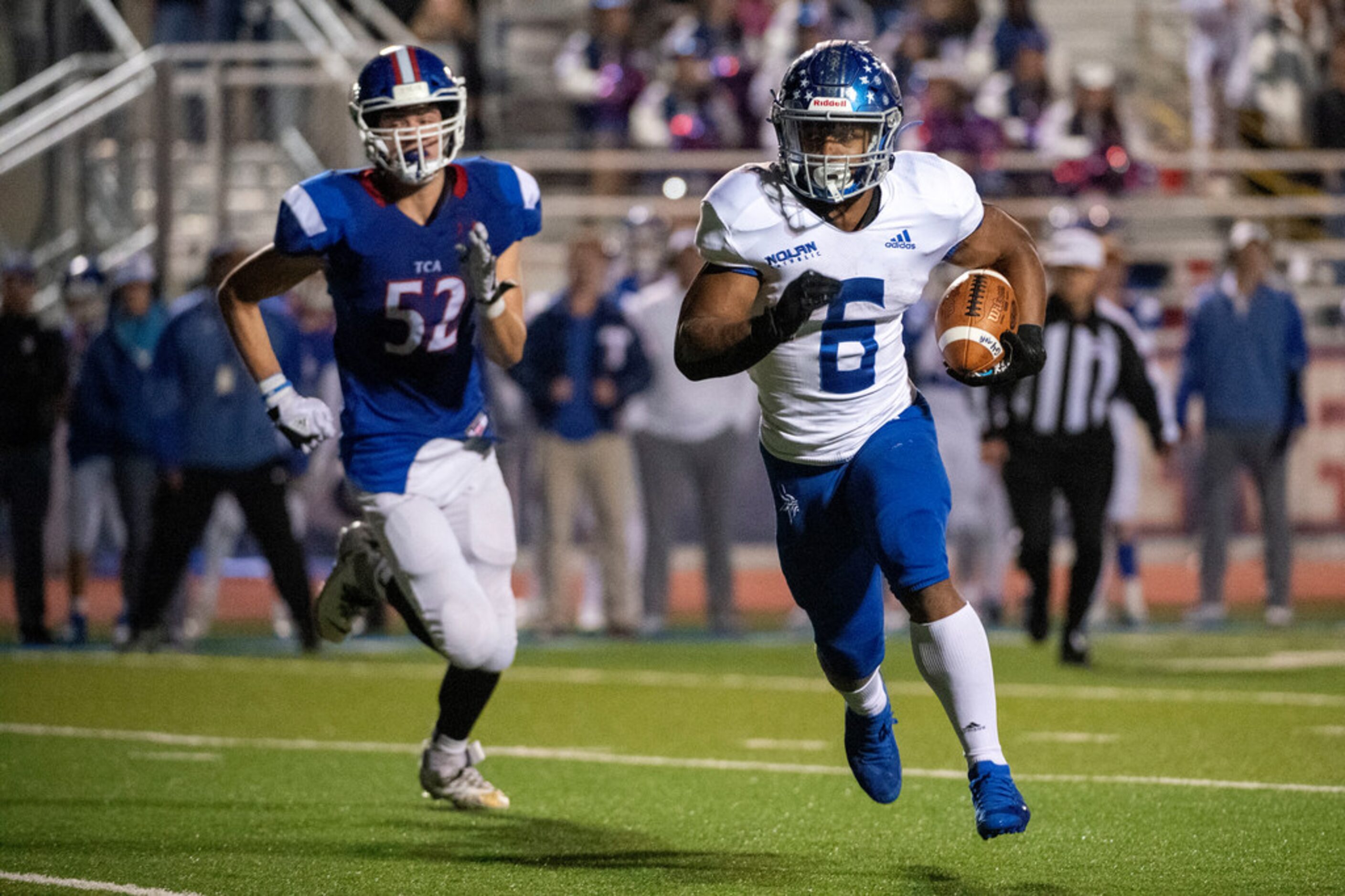 Fort Worth Nolan sophomore running back Emeka Megwa (6) runs away from TCA-Addison defensive...