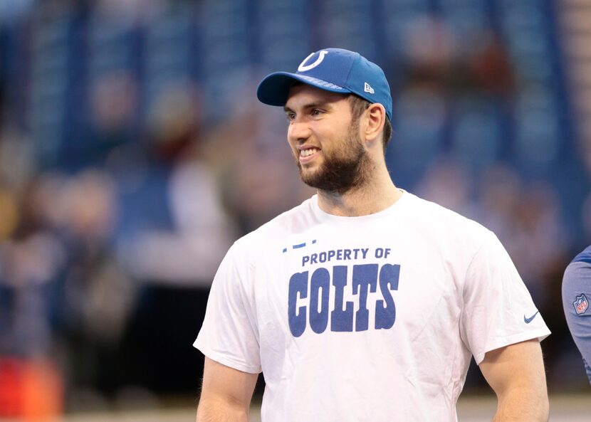 Indianapolis Colts quarterback Andrew Luck watches before an NFL football game against the...