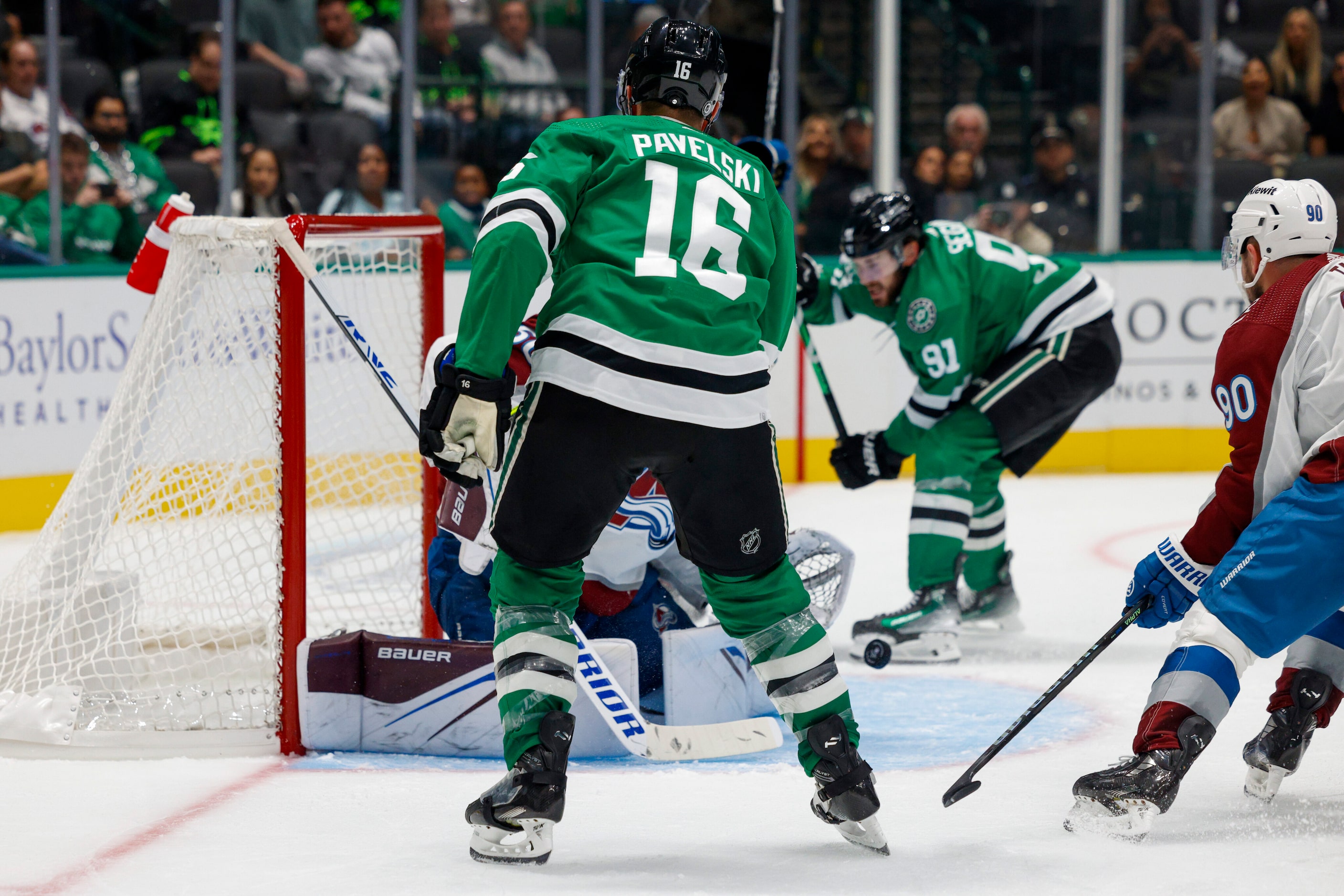 Dallas Stars center Joe Pavelski (16) scores a goal past Colorado Avalanche goaltender...