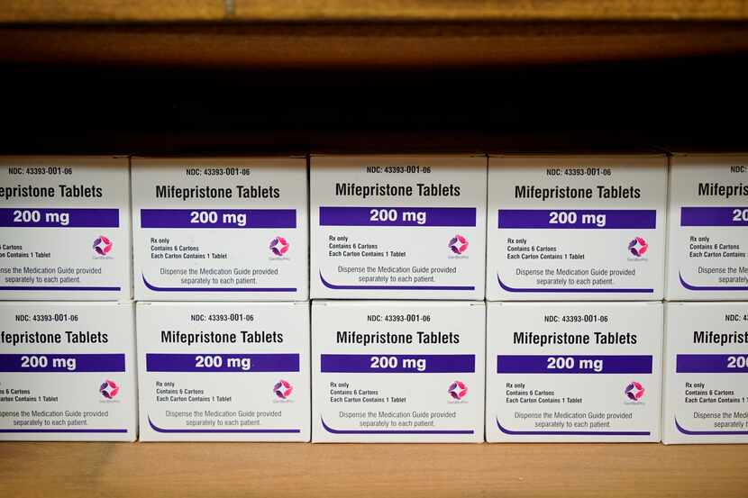 Boxes of the drug mifepristone line a shelf at the West Alabama Women's Center in...