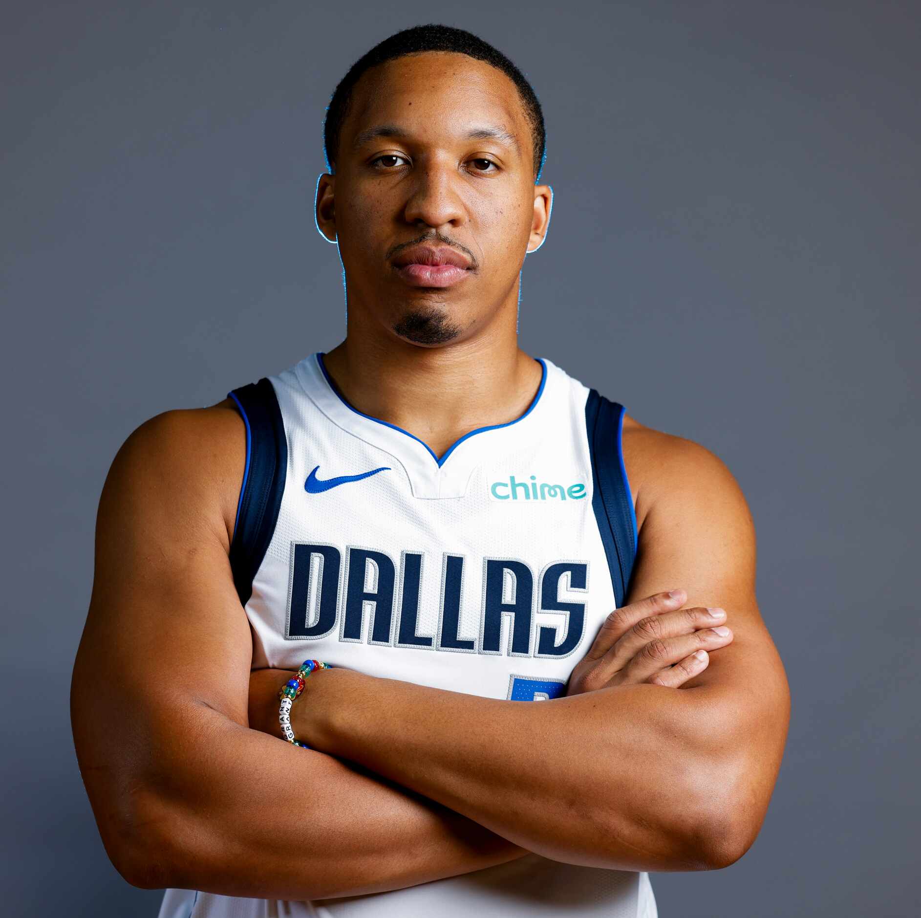 Dallas Mavericks’ Grant Williams poses for a photo during the media day on Friday, Sept. 29,...
