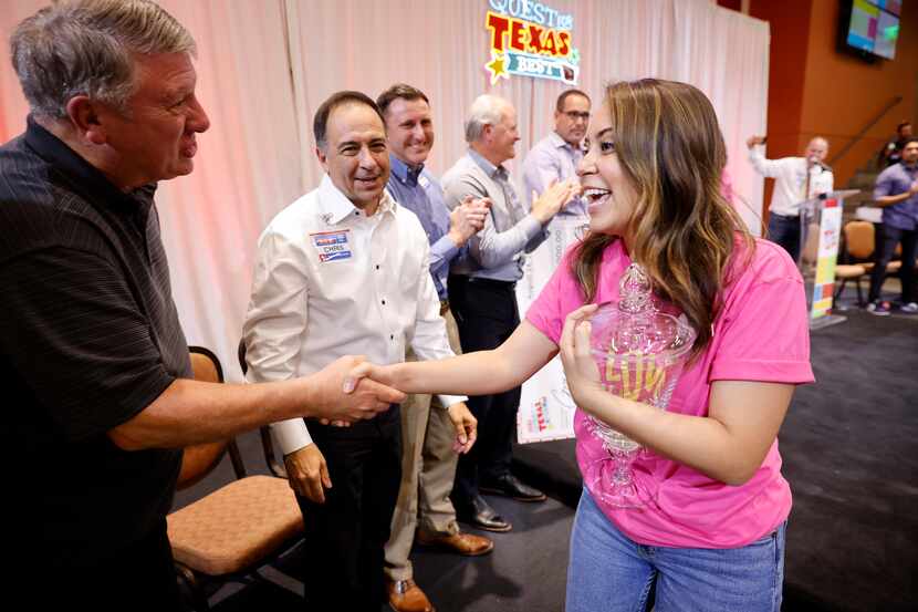 I Love Chamoy founder Annie Leal (right) thanks judge Bob Phillips after winning the H-E-B’s...