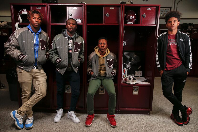 Senior Mesquite football players Alec Rice, left, Ja'Darion Smith, Gary Green, and De'Wayne...