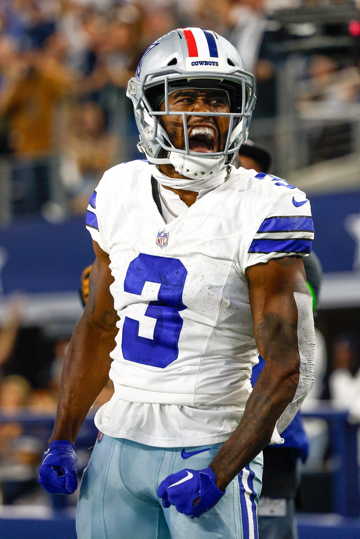 Dallas Cowboys wide receiver Brandin Cooks (3) reacts after a touchdown reception during the...