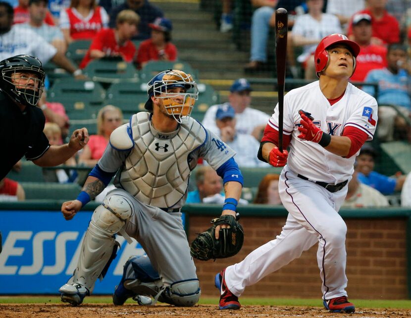 Texas Rangers right fielder Shin-Soo Choo (17) is pictured during the Los Angeles Dodgers...