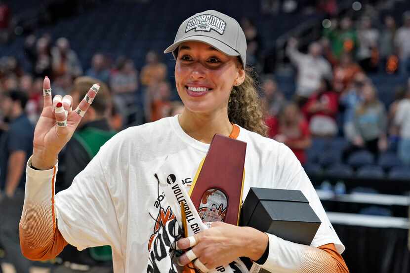 Texas's Madisen Skinner celebrates after the team defeated Nebraska during the championship...