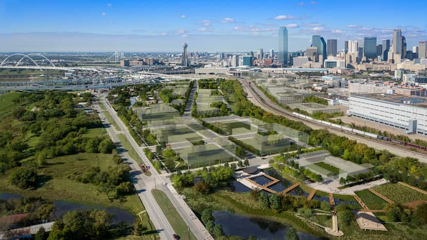 Rendering of the Dallas Water Commons with adjacent housing development.